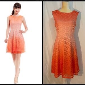 Studio One Coral Lace Fit & Flare Dress Size 4 Sleeveless Floral Overlay